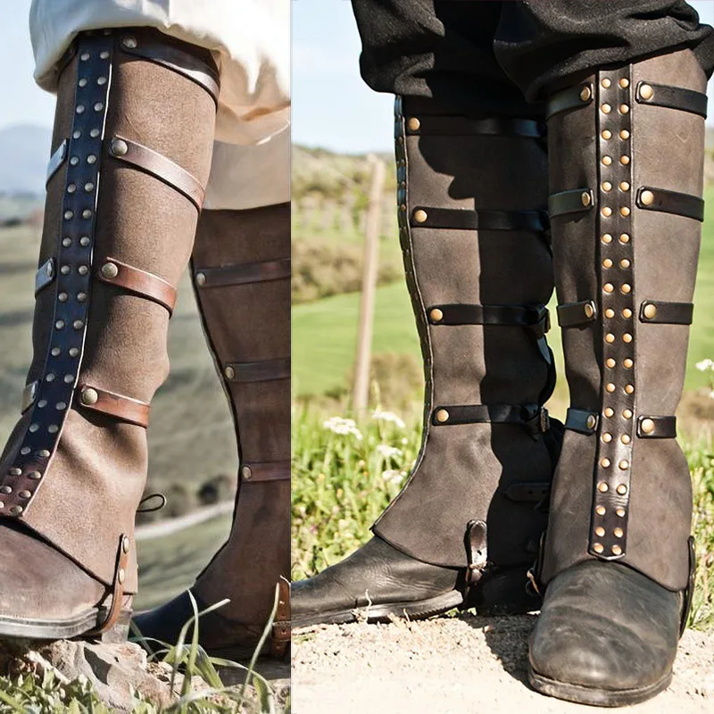 Armure Médiévale Viking en Cuir Half Chaps Lace Up Buckle Shoes Boots Cover Steampunk Vintage Hiking Gaiter,Noir MKIU Hommes Femmes Guêtres en Cuir