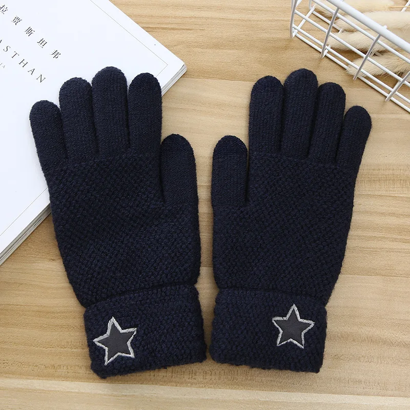 Navy Blue Мягкие зимние теплые вязаные перчатки с сенсорным экраном для мужчин и женщин, эластичные Утепленные перчатки, однотонные митенки для пальцев Guantes Invierno - Цвет: Navy Blue