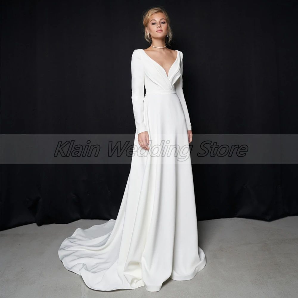 Modest A-Line Long Sleeves Wedding Dresses 2022 Deep V-Neck Jersey Pleats Zipper Back Sweep Train Floor Length Bridal Gowns gown for wedding