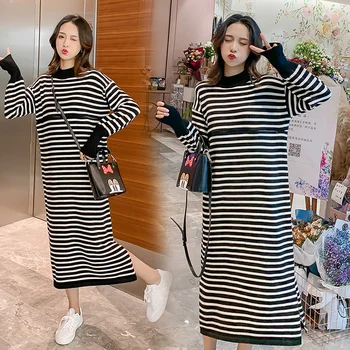 

6003 Autumn Winter Black Striped Cotton Maternity Nursing Long Dress Feeding Clothes for Pregnant Women Korean Fashion Pregnancy