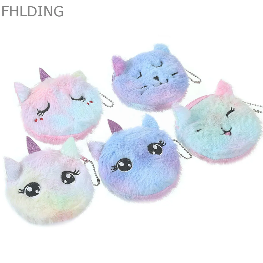 En oferta Monedero de unicornio de felpa con dibujos animados para niñas, cartera circular de piel de gato, bolso bordado para llaves, organizador de auriculares, regalo para niños Ma5BmpONp