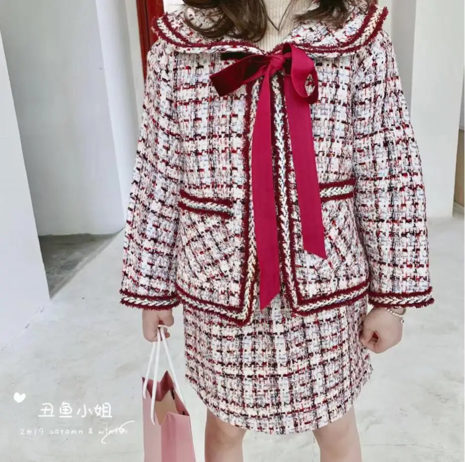 

2019 Baby Girls Fall Boutique Fashion Elegant Plaids Sets, Coat + Skirts 5 sets/lot, Wholesale, Free Shipping