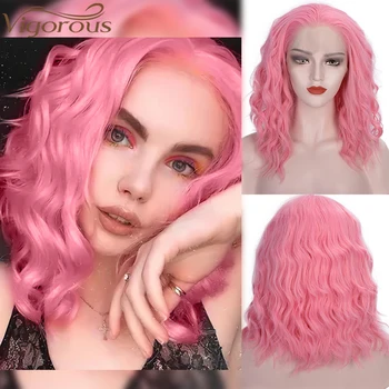 

Vigorous Short Pink Bob Lace Wigs Wave Synthetic Lace Front Wigs for Women Black Clolr Free Part Natural Cosplay Wig