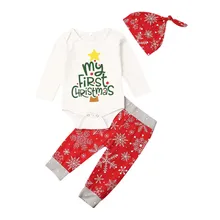 My first christmas/Одежда для маленьких девочек одежда со снежинками для новорожденных девочек комбинезон топы, штаны с цветочным рисунком Набор рождественских костюмов, 3 предмета