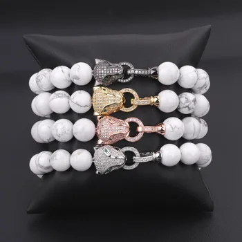 New design high quality Cubic Zirconia leopard charm natural stone howlite beads macrame bracelet women