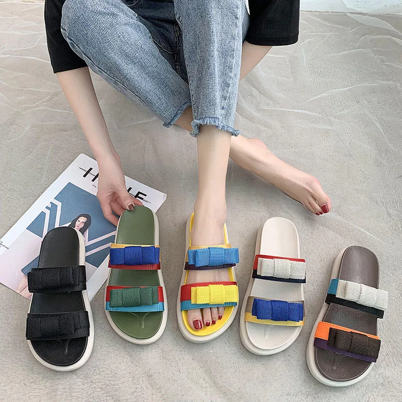 Women's slippers wear-resistant net red 2020 summer new fashion wild bow cake thick bottom word large size ladies sandals | Обувь