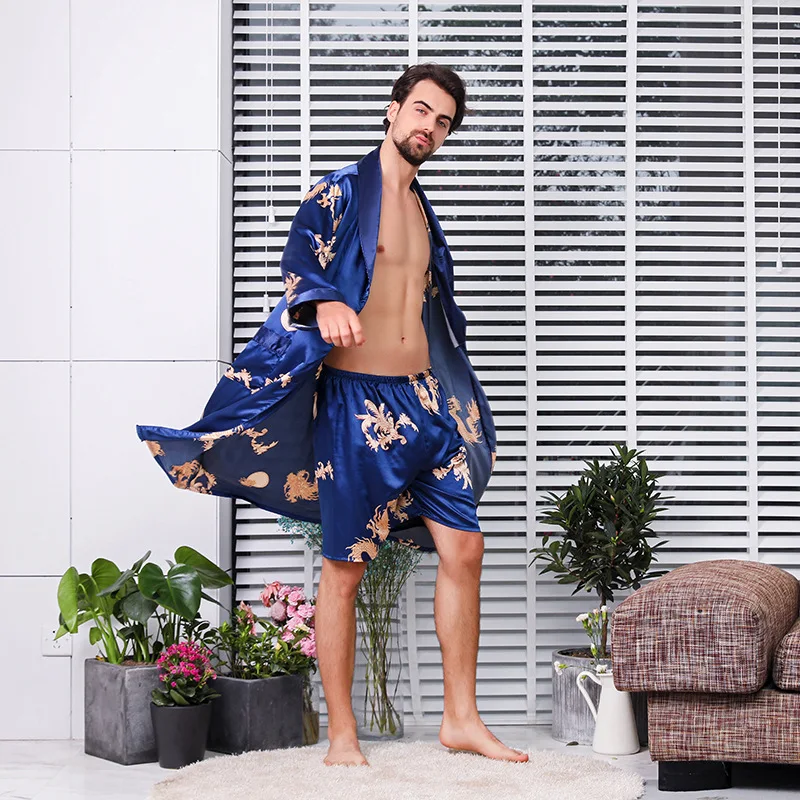 silk pajama pants Two-Piece Home Silk Robe Pants Pajama Set or Bathrobe Shorts Sets 7XL-M Long Sleeve Sleepwear for Men Kimono Soft Cozy Bath Gown satin pajamas Men's Sleep & Lounge