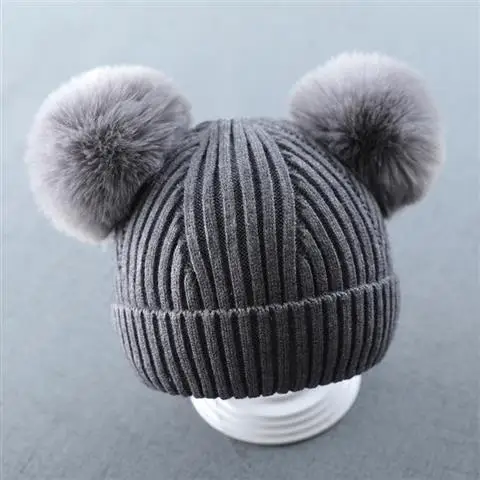 GRAY Вязаная шапочка для малыша, хлопковая Детская кепка с двойным мехом для детей от 3 до 24 месяцев, теплая осенне-зимняя Шапка-бини для маленьких мальчиков и девочек - Цвет: GRAY
