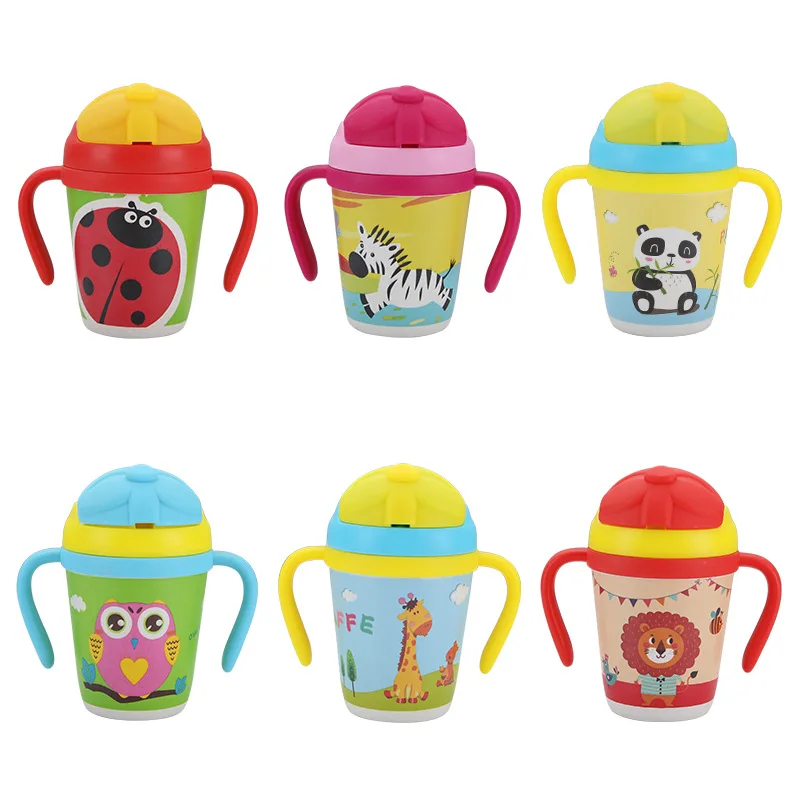 

300-400ML Children's Sippy Cup Safety Bamboo Fiber Children's Water Cup Cartoon Baby Baby Learning Cup Slip Non-leak Feeding Cup