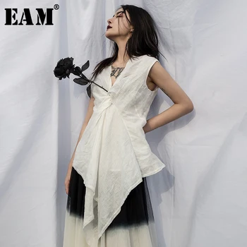 

[EAM] Women Black Asymmetrical Pleated Blouse New V-collar Sleeveless Loose Fit Shirt Fashion Tide Spring Autumn 2020 JU423