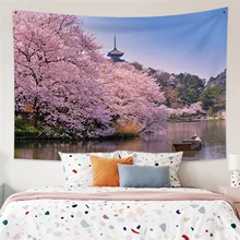 

Fashion Japan Cherry Blossoms Tapestry Koi Lucky Fish Wall Hanging Mount Fuji Wall Carpet Natural Scenery Printed Pink Decor