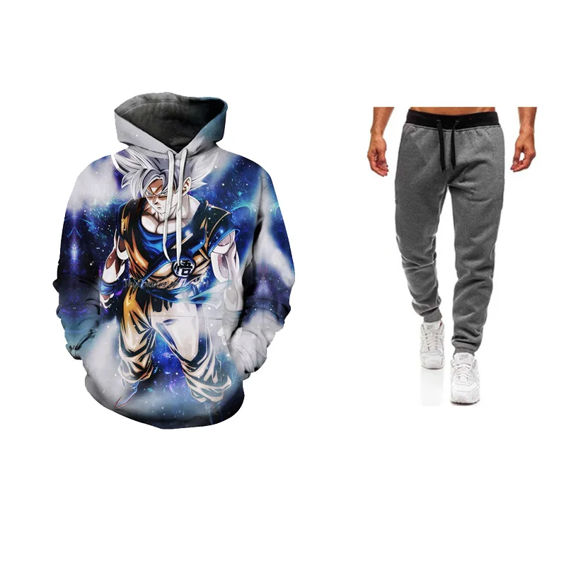 Бежевый 2019Hip хип бренд Аниме толстовки Dragon Ball Z толстовки с капюшоном и карманами+ джоггеры брюки 3D цифровой печати рукав костюм с капюшоном - Цвет: Бежевый