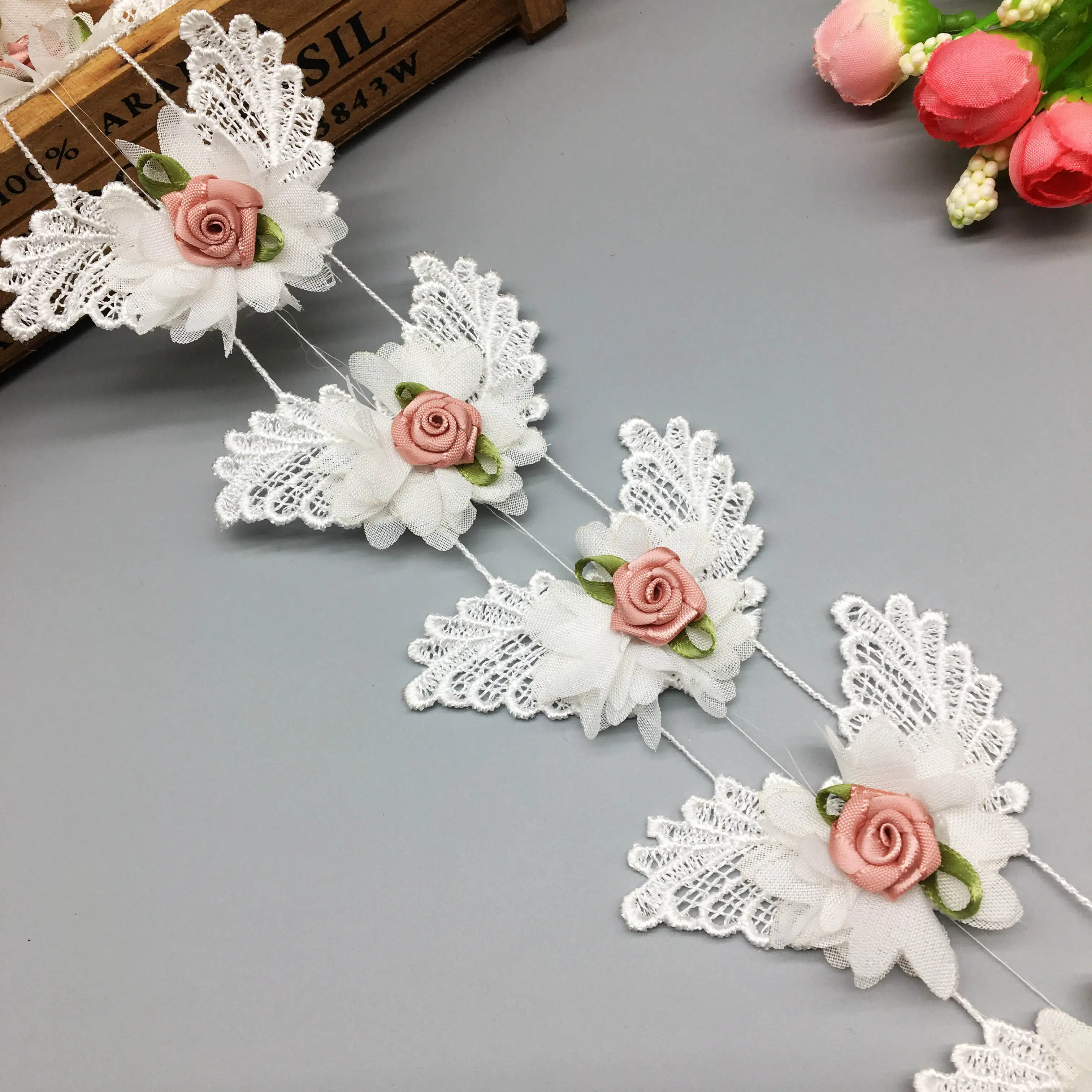 1y 3D Flower Embroidered Lace Sewing Trim For DIY Handmade Crafts Cloth Applique