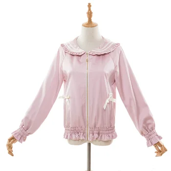 

Autumn New Korean Fashion Women Sailor Collar Ruffled Bow Coat Lolita Outerwear Female Junior Girl Pink Satin Baseball Jacket