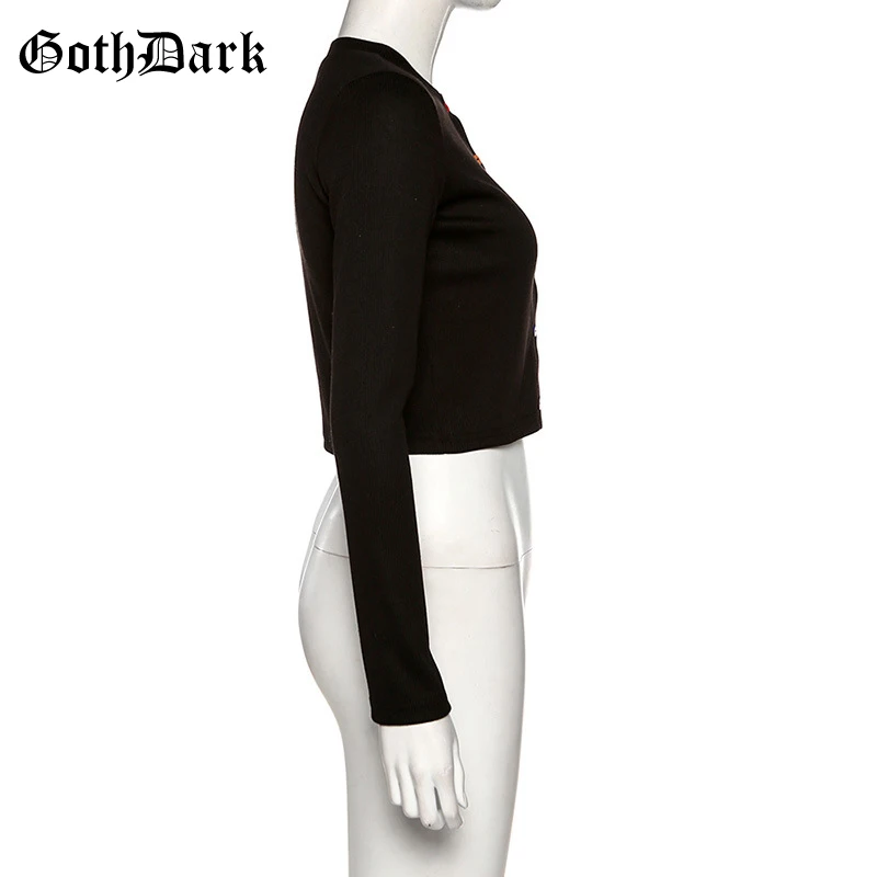 Готическая Черная футболка с длинными рукавами в готическом стиле для женщин Harajuku панк гранж осень зима укороченная женская футболка на пуговицах Мода