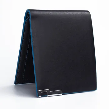 

Luxury Men's Bifold ID Card Holder Billfold Purse Wallet Handbag Clutch Black+Blue Edge