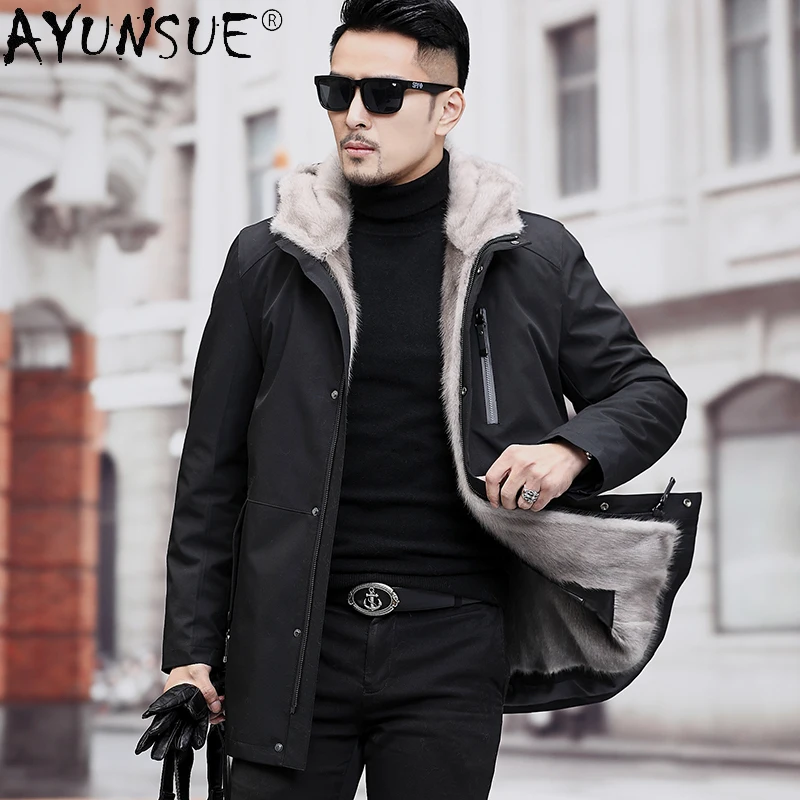 

AYUNSUE Winter Jacket Men Parkas Natural Mink Fur Liner Warm Real Fur Coat Parka Plus Size Mink Jackets Rabbit Fur Sleeve F-977