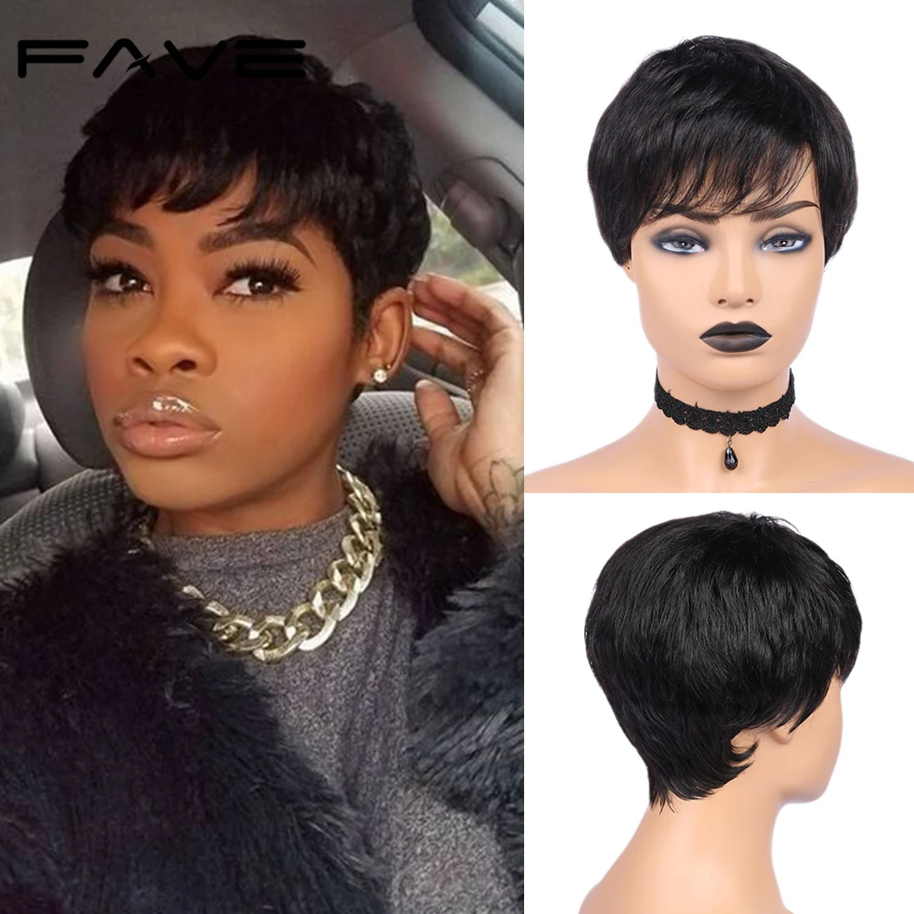 

FAVE Pixie Cut Wig Short Human Hair Wigs Brazilian Remy Straight Wig Natural Black With Bangs Mature and Capable Hairstyle Wig