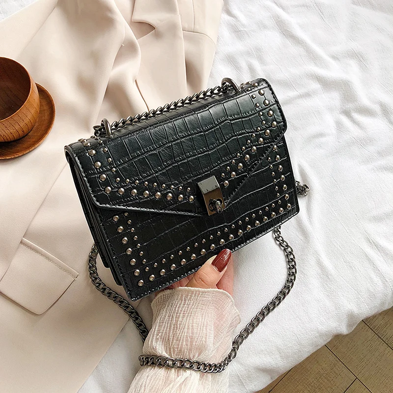 

Chain Bags For Women 2020 New Luxury Fashion Small Crossbody Bags Ladies Alligator Pu Leather Shoulder Messenger Rivet Bag Black