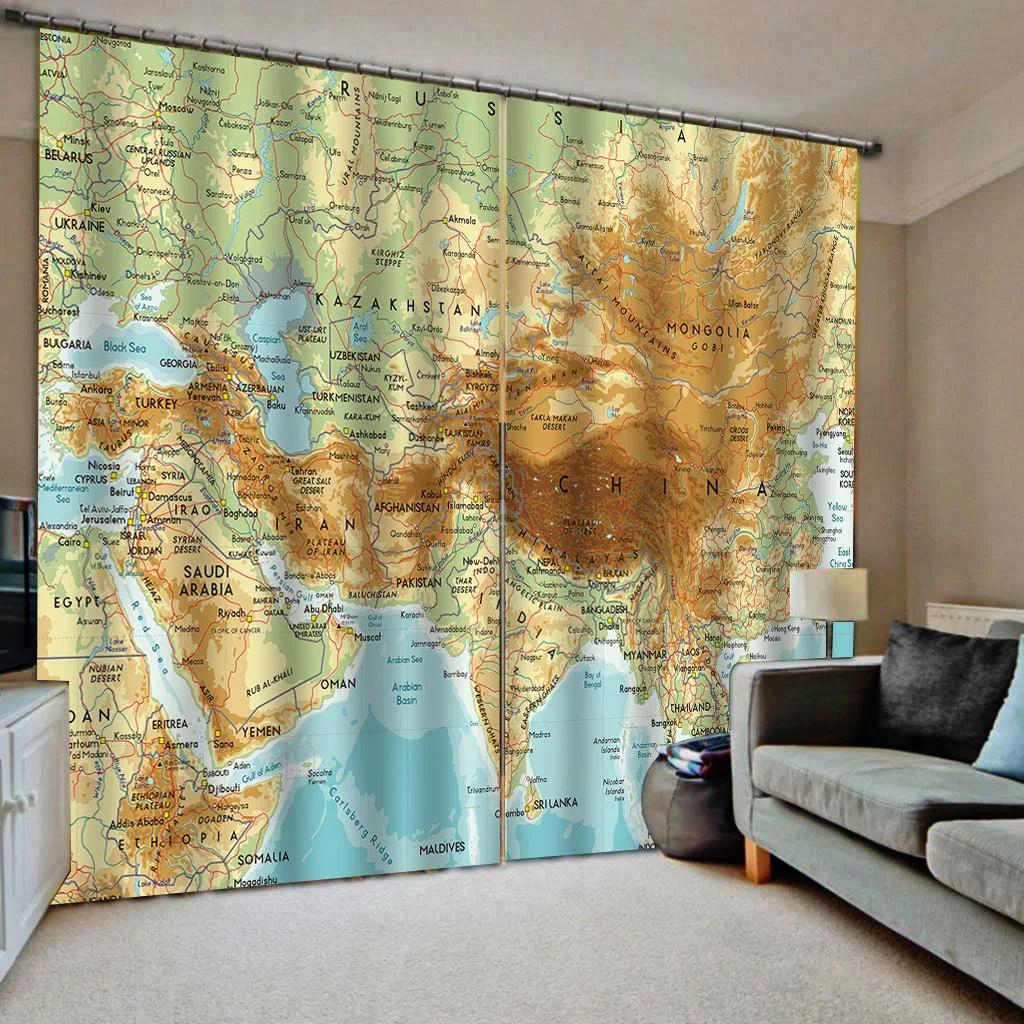 Window Curtains 3D Blockout Photo Printing Curtain Draps Fabric The World Map 