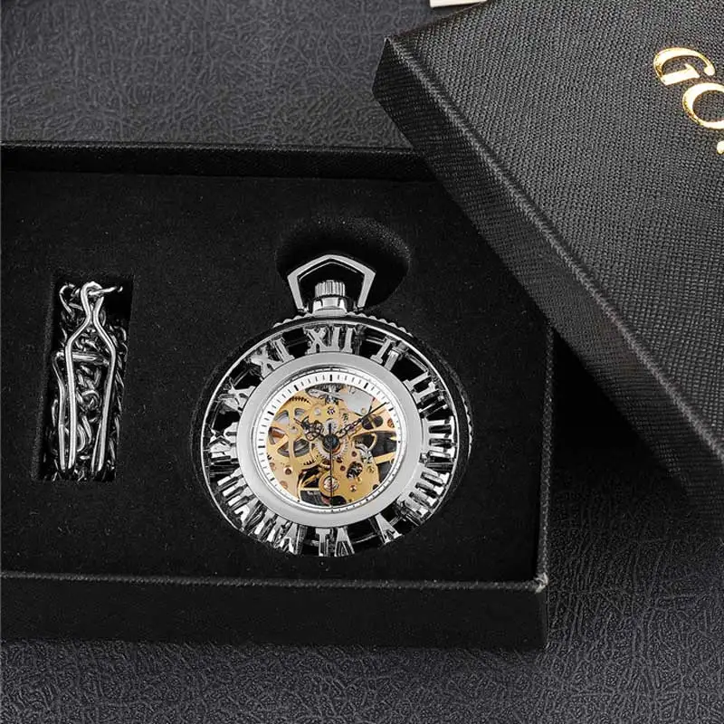 Ретро Черные Мужские механические часы полые римские цифры для скульптурной резьбы циферблат часы Скелет стимпанк карманные часы для Fob цепи - Цвет: sliver set