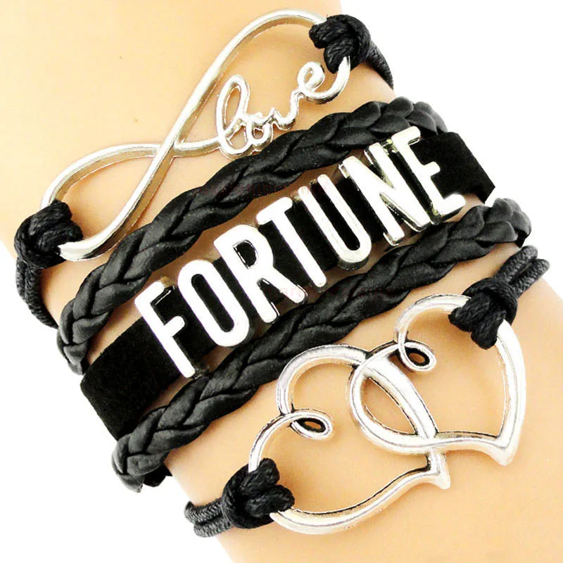 

Love Fortune Bracelets Prosperity Thrive Heart To Heart Charm Black Leather Bracelets