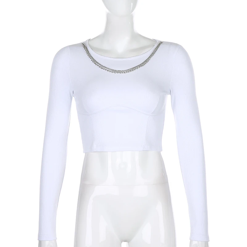 Metal Chains Patchwork Milkmaid Women's T-shirts Punk Style Vintage White Solid 90s Long Sleeve Cropped Top Tees Girl Iamhotty