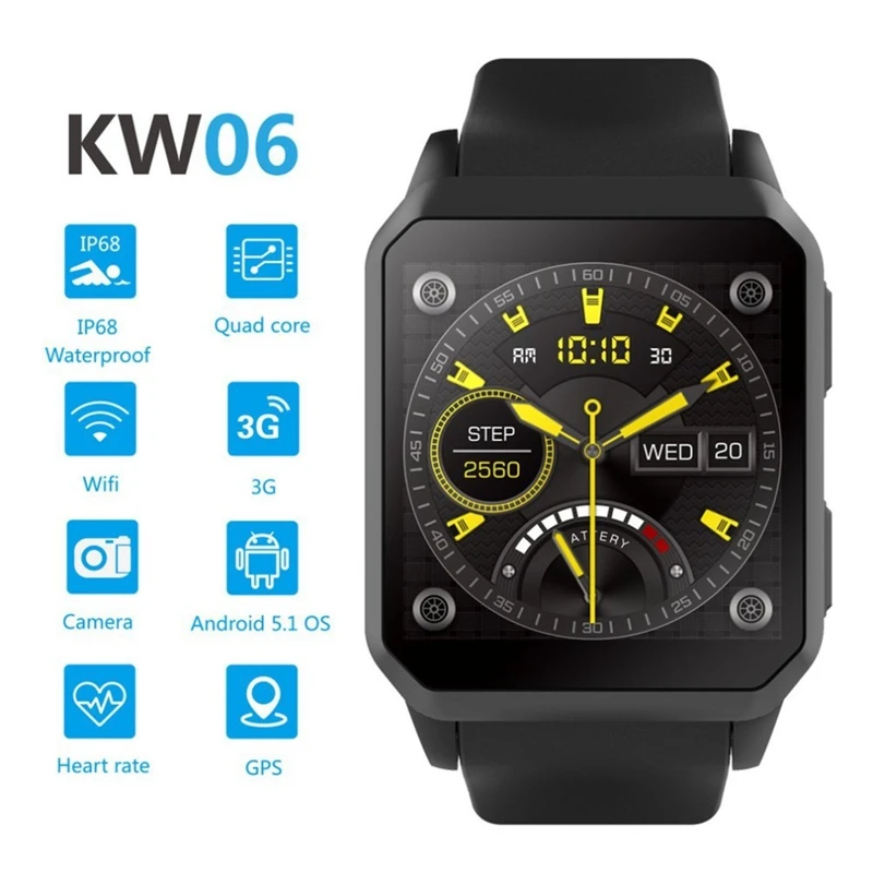 Kw06 Смарт-часы 1,54 дюймов Mtk6580 четырехъядерный 1. 3G Гц Android 5,1 3G Смарт-часы 460 мАч 0,3 мегапикселя пульсометр