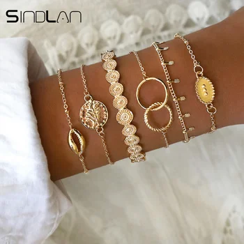 

Sindlan 6PCs Vintage Gold Coin Shell Stamp Charm Bracelets for Women Adjustable Boho Bangle Open Bracelets Set Fashion Jewelry