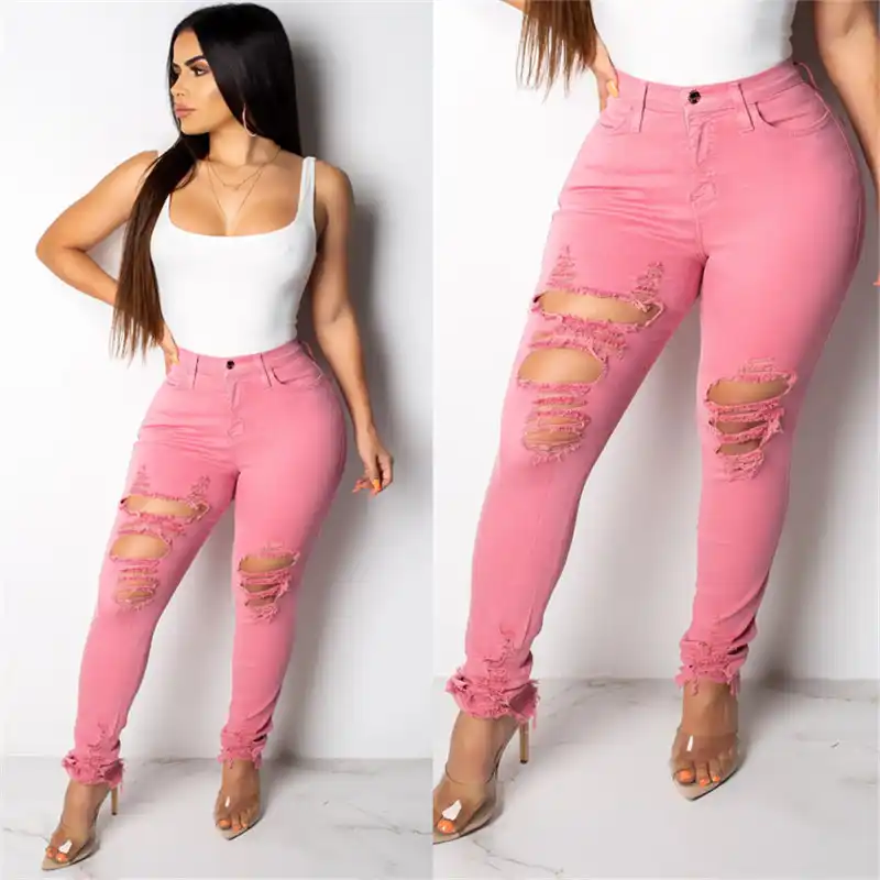 pink ripped jeans outfit
