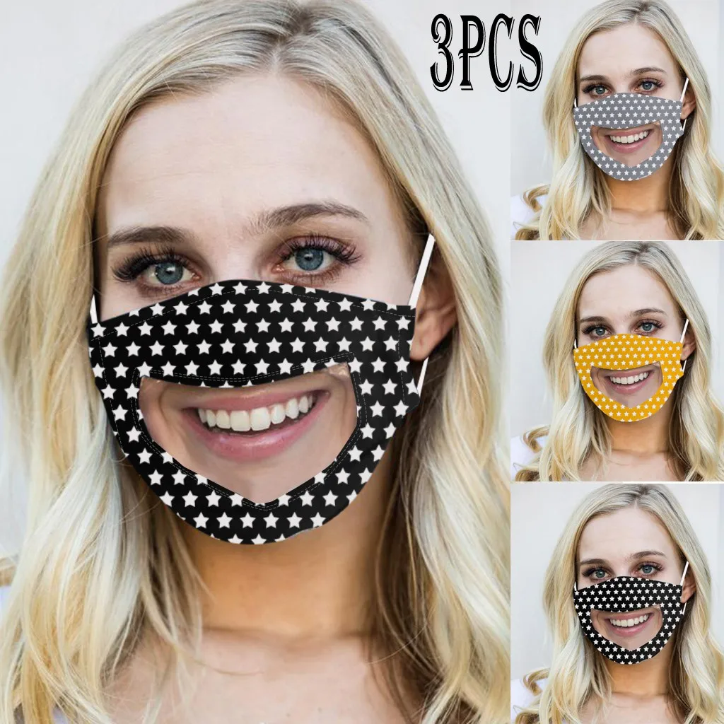 

Mascara Humidifiers Mondkapjes Kinderen 3pcs Adult Star Print Masks Washable Transparent Visible Lip Face Mask#ljc