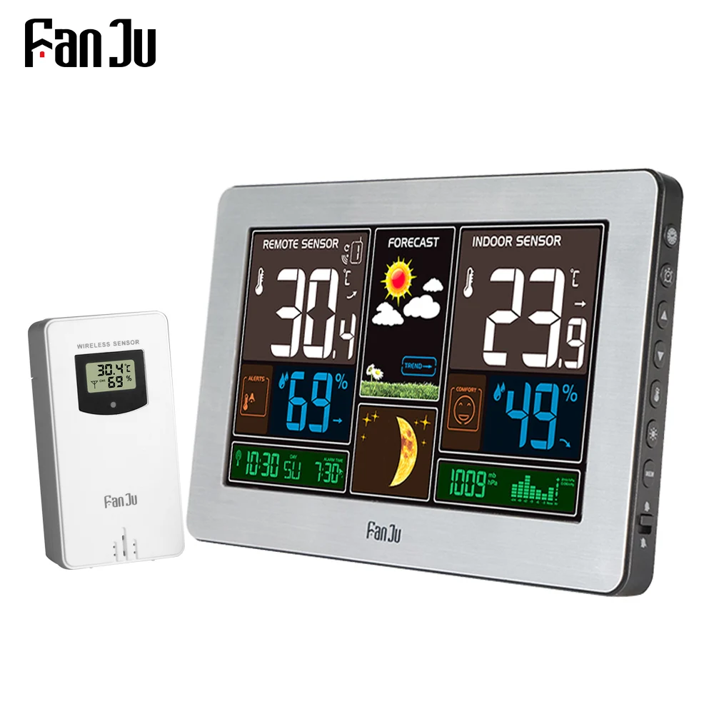 

FanJu FJ3378 Wireless Weather Station Wall Digital Clock Barometer Thermometer Hygrometer Sensor Colorful LCD Display
