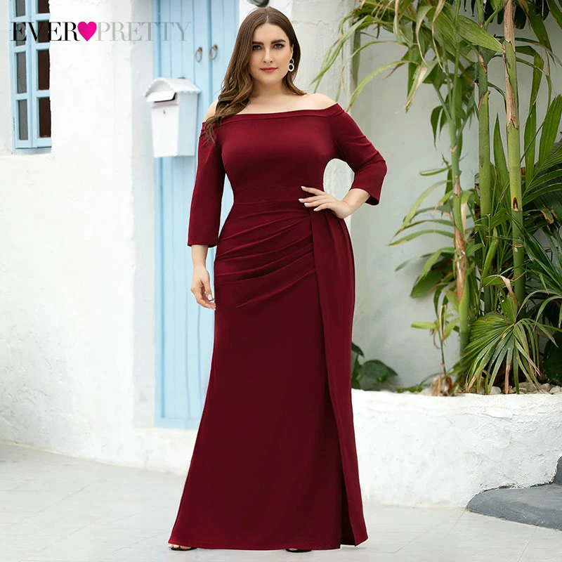 

Plus Size Burgundy Evening Dresses Ever Pretty EP07852BD Ruched Side Split 3/4 Sleeve Off Shoulder Sexy Mermaid Party Gowns 2020