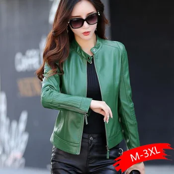 

New 2020 Fashion Leather Jacket Women Green Spring And Autumn Short Jackets Female Outerwear Lady Leather Coat Slim Black