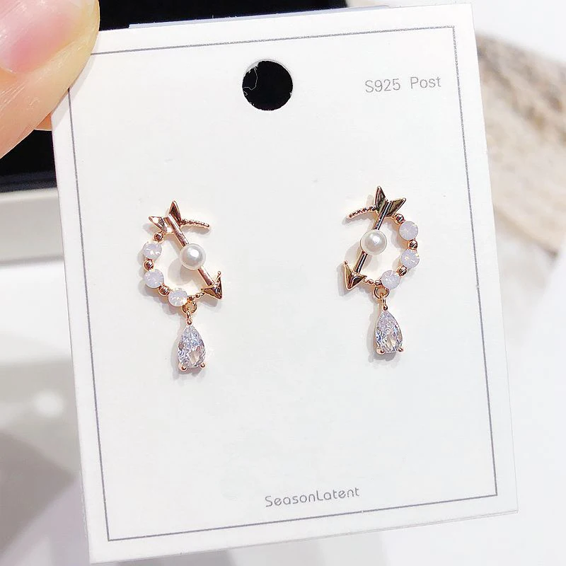 

Exquisite Water Drip Zircon Stone Pendant Earrings for Women Rose Gold Color Imitation Pearl Arrow Stud Earrings