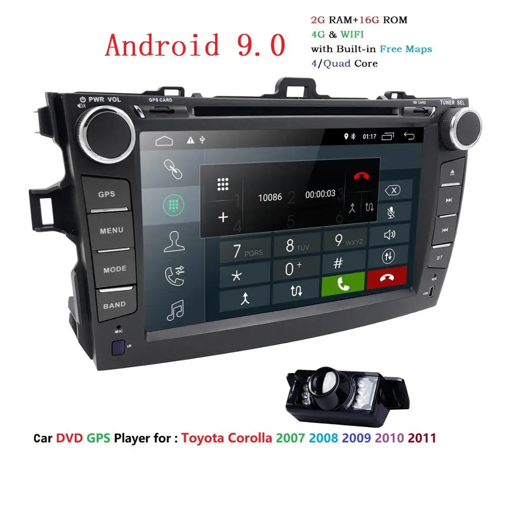Perfect 8" 2Din Android 9.0 Car DVD GPS Player For Toyota Corolla 2007-2011 Bluetooth WIFI OBD2 Touch Screen 4-Core +Map+Free Camera 2