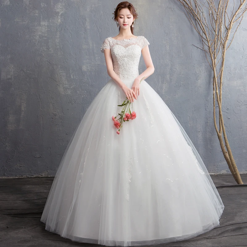 LAMYA Custom Made pearl Wedding Dress New Arrival Appliques Embroidery Lace Short Sleeve bead Princess Gown Vestidos De Novia cheap wedding dresses