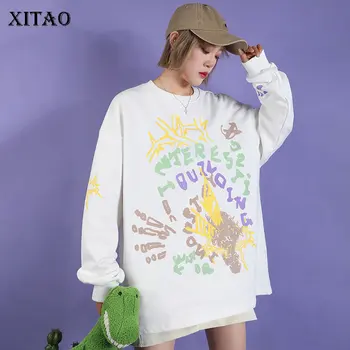 

XITAO 2020 New Spring Clothing Sweatshirt Hip Hop Doodle Pattern Women Tops Korean Style O Neck Plus Size Streetwear DMY3539