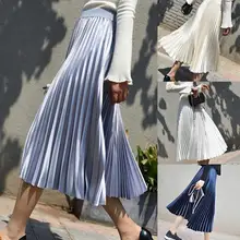 Винтажная Женская плиссированная юбка с высокой талией и эластичной лентой цвета металлик