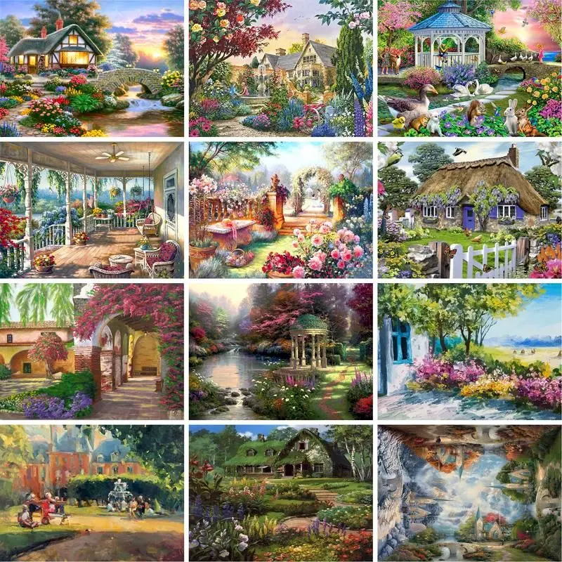 

RUOPOTY Frame Painting By Numbers Canvas Garden House Colouring Landscape Handpainted Artwork Home Wall Decor