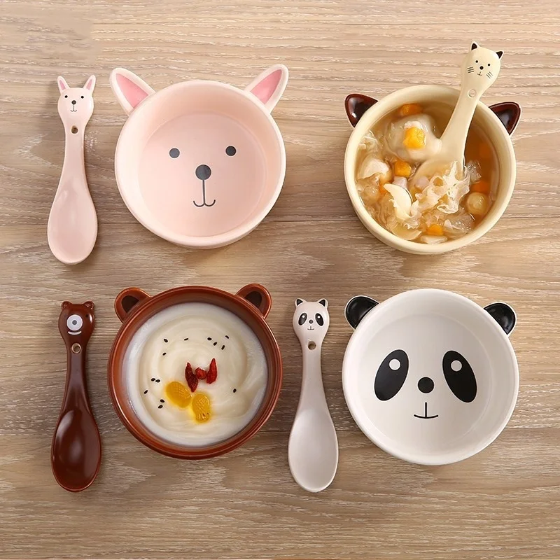 

280ml Korean Creative Cartoon Animal Kitten Round with Spoon Ceramic Children Bowl Family Kitchen Supplies Couple Salad Bowl