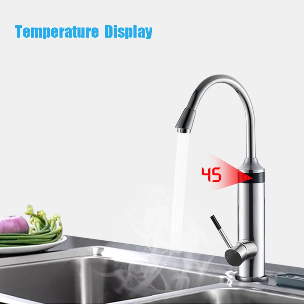 CABWEHOME Kitchen Instant Electric Faucet Digital Display Bathroom Stainless Steel Shell Hot Cold Water Heater Tap 3000W