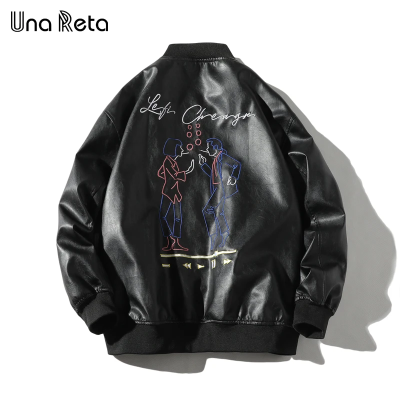 

Una Reta Pu Leather Jacket Men New Autumn Zipper Streetwear Men's Leather Jacket Back Embroidery Hip Hop Biker Jacket