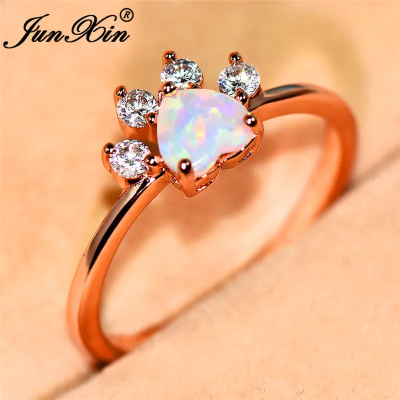Dainty Rainbow Animal Bear Dog Cat Paw Rings For Women Rose Gold Blue White Purple Fire Opal Ring Wedding Band Thin Ring Jewelry