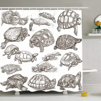 

Shower Curtain Set with Hooks 72x78 Turtles Tortoises Nature Animals Freehand Line On Wild Collection Hand Drawn Wildlife Life