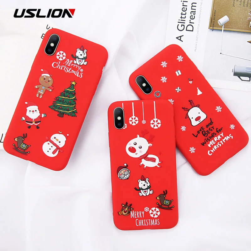 

USLION Christmas Case For iPhone 7 6S 8 6 Plus Cartoon Elk Santa Claus Soft Phone Case For iPhone XR X XS Max TPU Silicone Cover