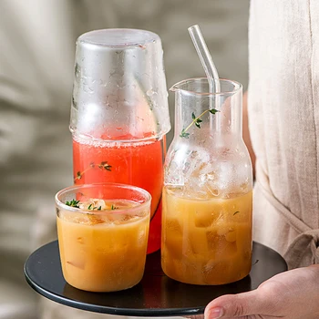 

350/500ml Creative Breakfast Fruit Tea Cup Glass Milk Coffee Cold Water Bottle Pot+Cup Set Household Japanese wine pot