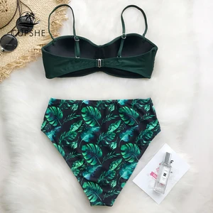 Image 2 - CUPSHE Green Leafy Print Bikini Set Women Heart Neck Push Up High Waisted Two Pieces Swimwear 2020 Beach Bathing Suits Swimsuits