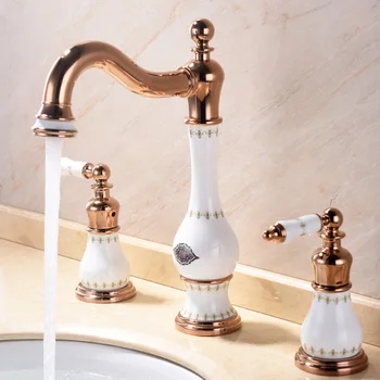 

Ceramic three piece cold and hot European faucet all copper split table basin faucet rose gold tap three hole