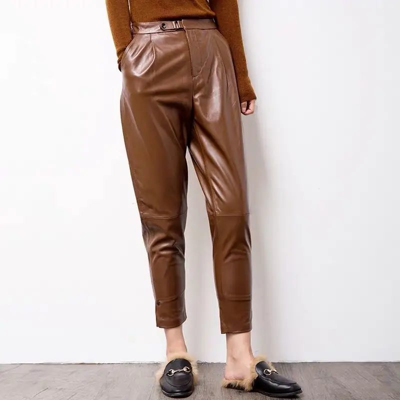 Женские штаны из натуральной овечьей кожи, черные штаны-шаровары с высокой талией, брюки с эластичным поясом, новая мода - Цвет: Brown